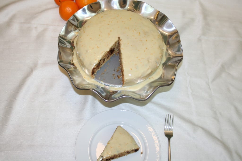 Almond Chocolate Chip Cake with Orange Vanilla Icing