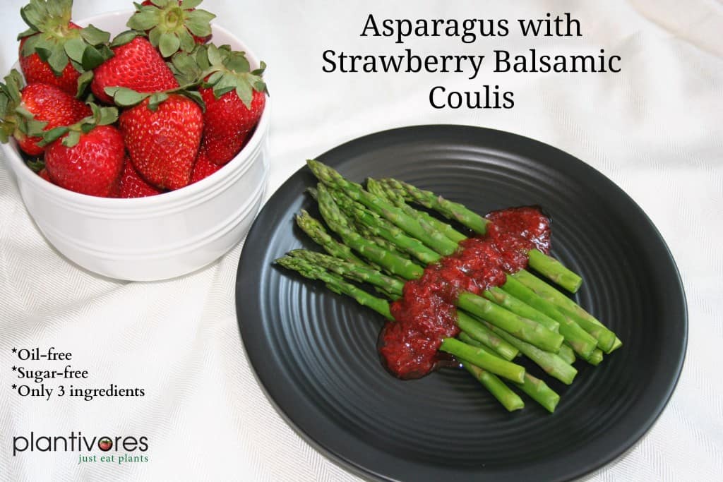 Asparagus with Strawberry Balsamic Coulis. Perfect for Easter or Passover. Impress your friends, look fancy and eat healthy. This has 3 ingredients, no added oil, no added sugar and is vegan and gluten-free | Plantivores